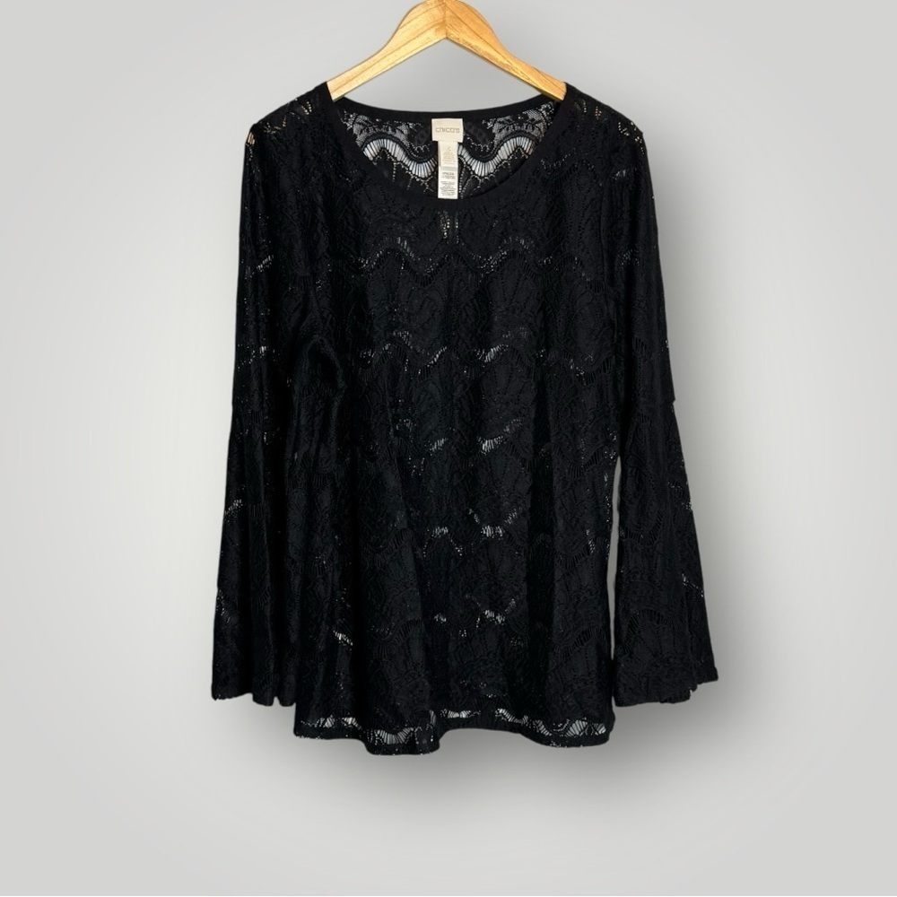 NWOT Chico’s Delicate Lace Flare Sleeve Top XL Sheer Romantic Layer Piece Black - Picture 3 of 9